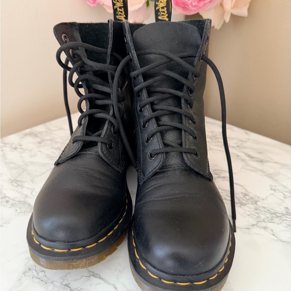 Dr. Martens Black Leather Lace-Up Ankle Boots with Yellow Stitching